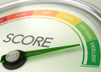 3D illustration of a conceptual gauge with needle pointing to excellent. Business credit score concept.
