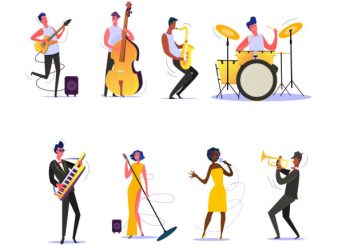 Set of musicians performing on scene. Group of musicians singing and playing musical instruments. Performance concept. Vector illustration can be used for presentation, project, webpage