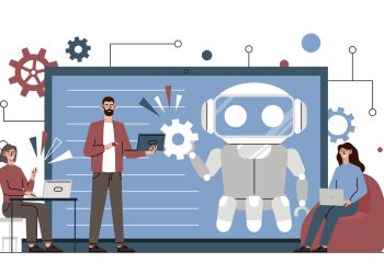 Workflow automation concept. Implementation of innovations in company or production. Modern technologies and digital world. Robot or bot for processing information. Cartoon flat vector illustration