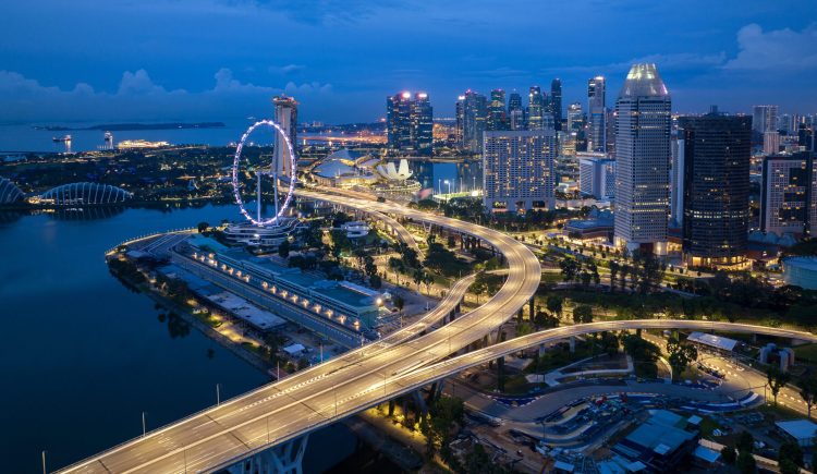 Aerial view of Singapore business district and city at twilight in Singapore, Asia